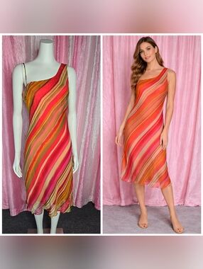 Flores & Flores Colorful One Shoulder 100% Silk Sheath Dress Size 6